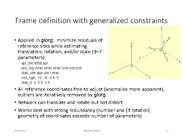 Frame definition with generalized constraints • Applied in glorg: minimize residuals of reference sites