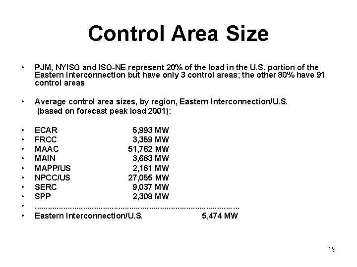 Control Area Size • PJM, NYISO and ISO-NE represent 20% of the load in