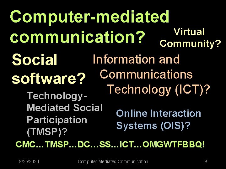 Computer-mediated Virtual communication? Community? Social software? Information and Communications Technology (ICT)? Technology. Mediated Social