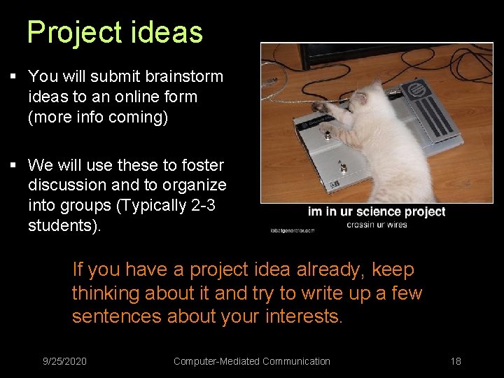 Project ideas § You will submit brainstorm ideas to an online form (more info