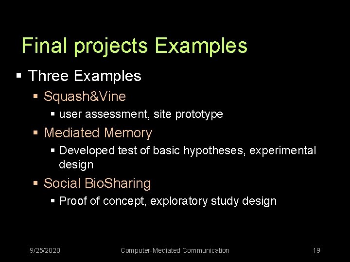 Final projects Examples § Three Examples § Squash&Vine § user assessment, site prototype §