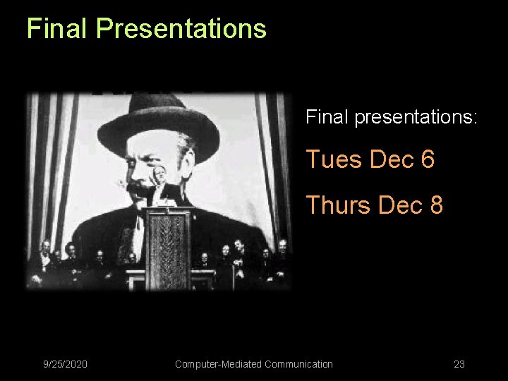 Final Presentations Final presentations: Tues Dec 6 Thurs Dec 8 9/25/2020 Computer-Mediated Communication 23