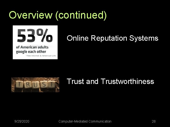 Overview (continued) Online Reputation Systems Trust and Trustworthiness 9/25/2020 Computer-Mediated Communication 28 