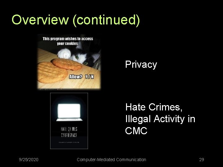 Overview (continued) Privacy Hate Crimes, Illegal Activity in CMC 9/25/2020 Computer-Mediated Communication 29 