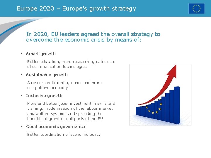 Europe 2020 – Europe's growth strategy In 2020, EU leaders agreed the overall strategy