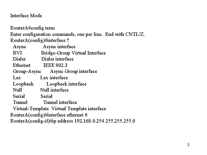Interface Mode Router. A#config term Enter configuration commands, one per line. End with CNTL/Z.