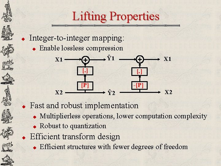 Lifting Properties u Integer-to-integer mapping: u Enable lossless compression Ŷ 1 X 2 u