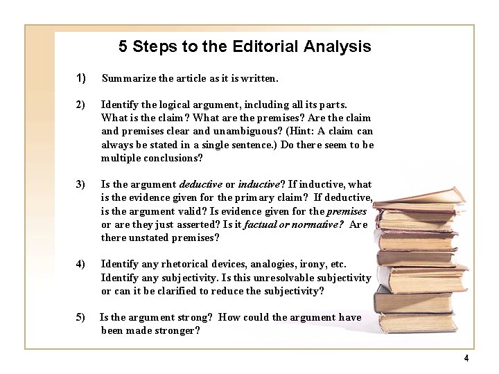 5 Steps to the Editorial Analysis 1) Summarize the article as it is written. 5 Steps to the Editorial Analysis 1) Summarize the article as it is written.