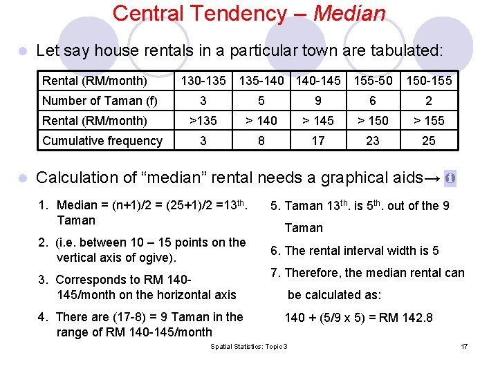 Central Tendency – Median l Let say house rentals in a particular town are