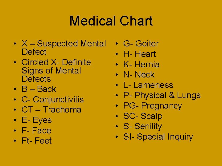 Medical Chart • X – Suspected Mental Defect • Circled X- Definite Signs of