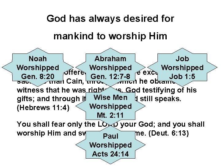 God has always desired for mankind to worship Him Noah Abraham Job Worshipped By