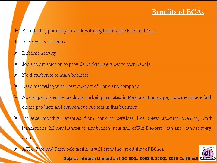 Benefits of BCAs Ø Excellent opportunity to work with big brands like Bo. B Benefits of BCAs Ø Excellent opportunity to work with big brands like Bo. B