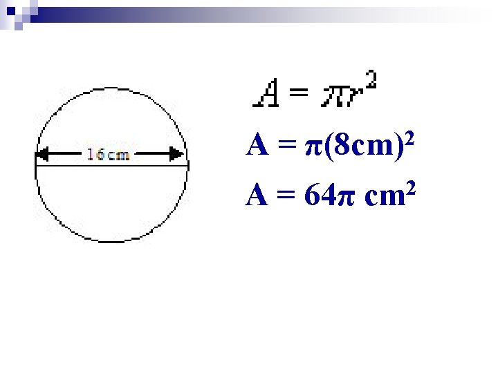 A= 2 π(8 cm) A = 64π 2 cm 
