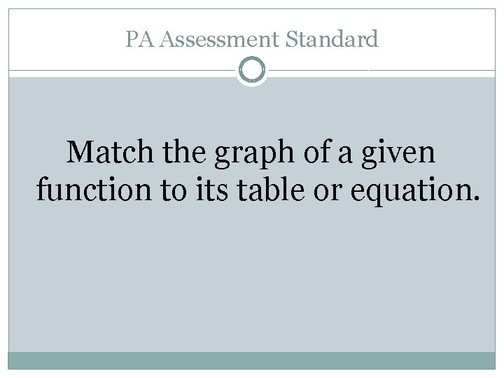 PA Assessment Standard Match the graph of a given function to its table or PA Assessment Standard Match the graph of a given function to its table or