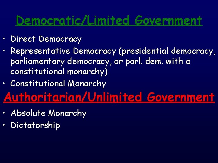 Democratic/Limited Government • Direct Democracy • Representative Democracy (presidential democracy, parliamentary democracy, or parl.
