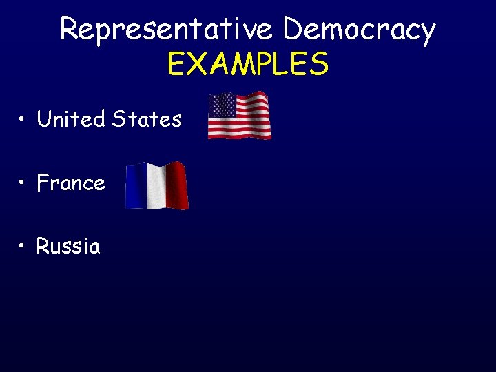Representative Democracy EXAMPLES • United States • France • Russia 