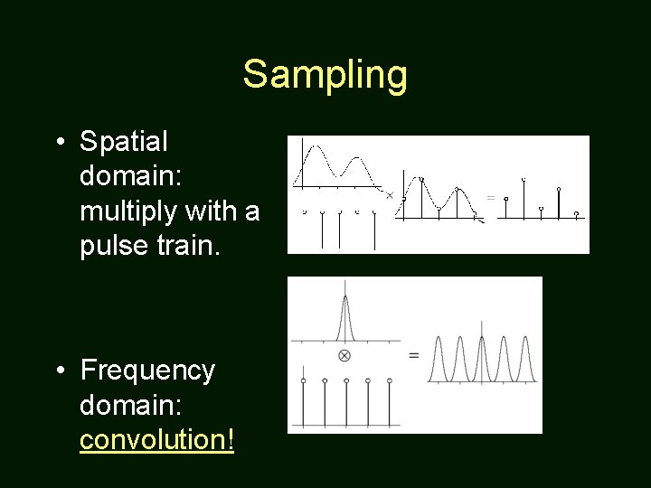 Sampling • Spatial domain: multiply with a pulse train. • Frequency domain: convolution! 
