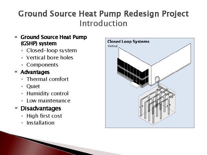 Ground Source Heat Pump Redesign Project Introduction Ground Source Heat Pump (GSHP) system ◦