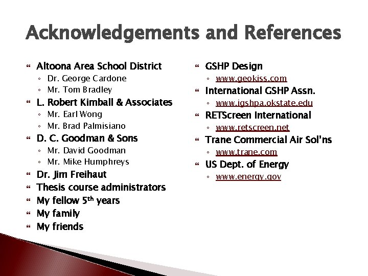 Acknowledgements and References Altoona Area School District ◦ Dr. George Cardone ◦ Mr. Tom