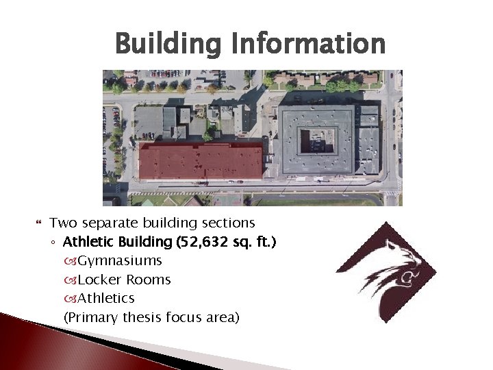 Building Information Two separate building sections ◦ Athletic Building (52, 632 sq. ft. )