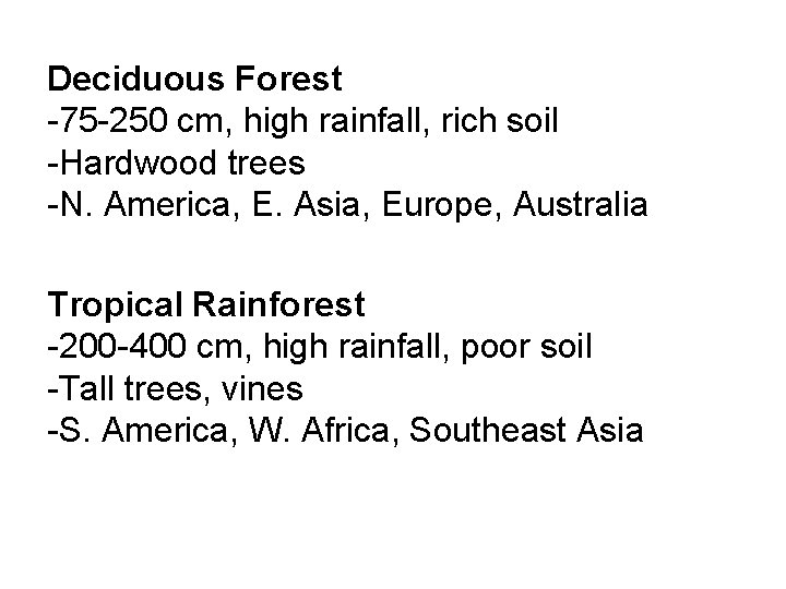 Deciduous Forest -75 -250 cm, high rainfall, rich soil -Hardwood trees -N. America, E.