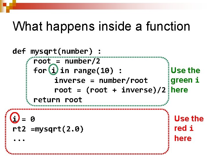 What happens inside a function def mysqrt(number) : root = number/2 Use the for