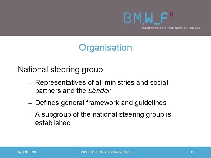 Organisation National steering group – Representatives of all ministries and social partners and the