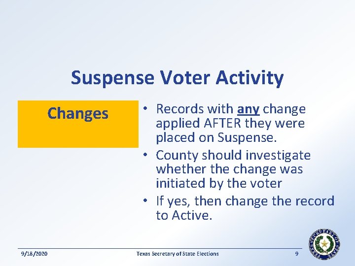 Suspense Voter Activity Changes 9/18/2020 • Records with any change applied AFTER they were