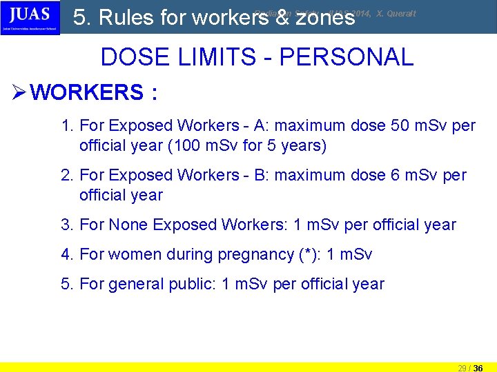 5. Rules for workers & zones Radiation Safety - JUAS 2014, X. Queralt DOSE 5. Rules for workers & zones Radiation Safety - JUAS 2014, X. Queralt DOSE