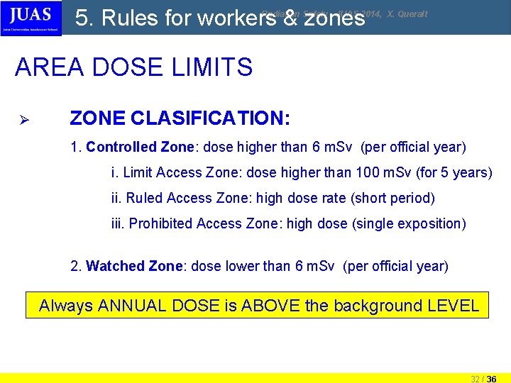 5. Rules for workers & zones Radiation Safety - JUAS 2014, X. Queralt AREA 5. Rules for workers & zones Radiation Safety - JUAS 2014, X. Queralt AREA