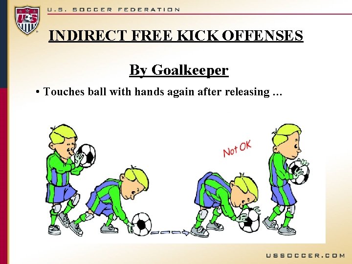 INDIRECT FREE KICK OFFENSES By Goalkeeper • Touches ball with hands again after releasing