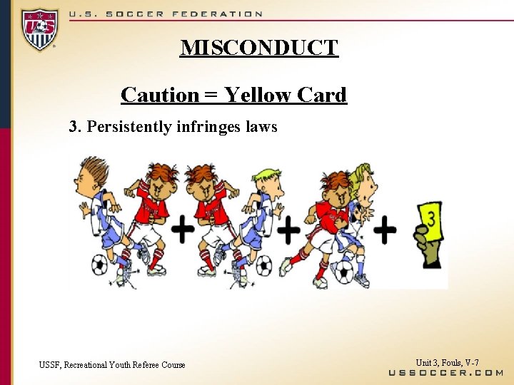 MISCONDUCT Caution = Yellow Card 3. Persistently infringes laws USSF, Recreational Youth Referee Course