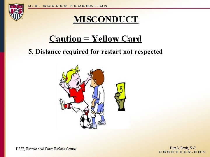 MISCONDUCT Caution = Yellow Card 5. Distance required for restart not respected USSF, Recreational