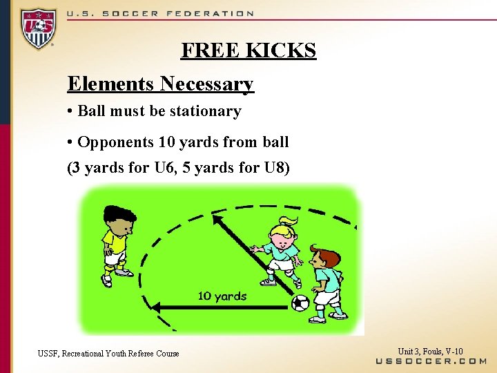 FREE KICKS Elements Necessary • Ball must be stationary • Opponents 10 yards from