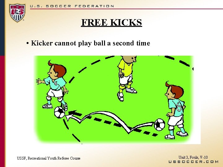 FREE KICKS • Kicker cannot play ball a second time USSF, Recreational Youth Referee