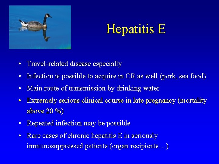 Hepatitis E • Travel-related disease especially • Infection is possible to acquire in CR