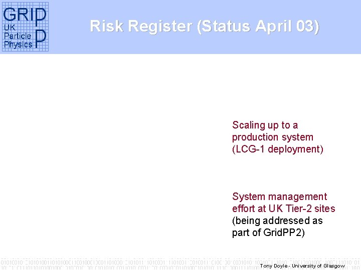 Risk Register (Status April 03) Scaling up to a production system (LCG-1 deployment) System