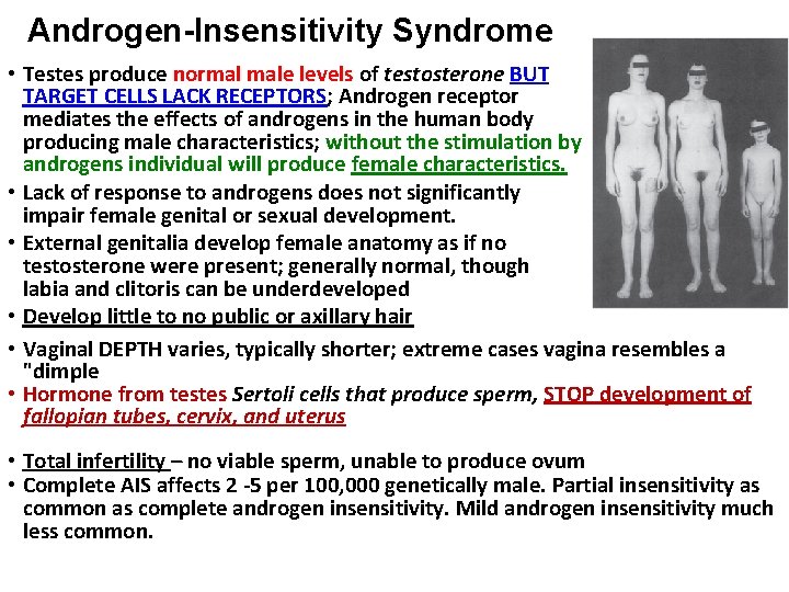 Androgen-Insensitivity Syndrome • Testes produce normal male levels of testosterone BUT TARGET CELLS LACK Androgen-Insensitivity Syndrome • Testes produce normal male levels of testosterone BUT TARGET CELLS LACK