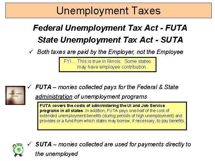 Unemployment Taxes Federal Unemployment Tax Act - FUTA State Unemployment Tax Act - SUTA