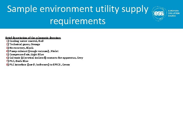 Sample environment utility supply requirements Brief description of the schematic drawing: 1) Cooling water