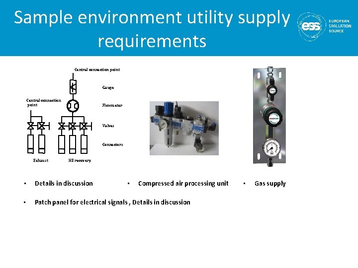 Sample environment utility supply requirements Central connection point Gauge Central connection point Flowmeter Valves