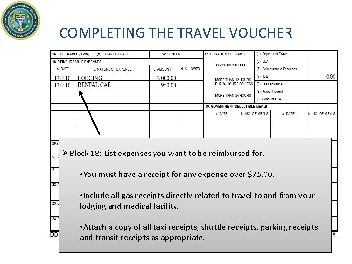 COMPLETING THE TRAVEL VOUCHER ØBlock 18: List expenses you want to be reimbursed for.