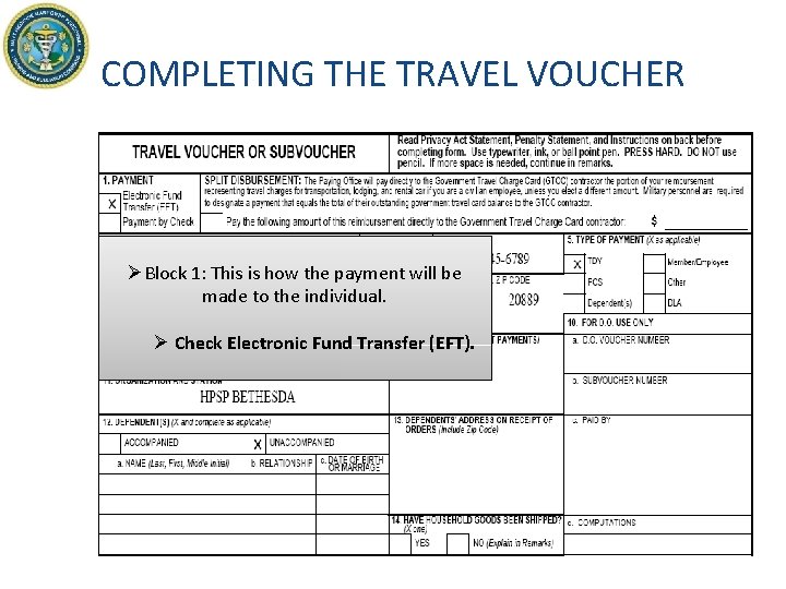 COMPLETING THE TRAVEL VOUCHER ØBlock 1: This is how the payment will be made