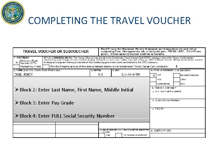 COMPLETING THE TRAVEL VOUCHER ØBlock 2: Enter Last Name, First Name, Middle Initial ØBlock