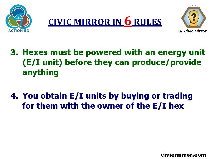 CIVIC MIRROR IN 6 RULES The Civic Mirror 3. Hexes must be powered with