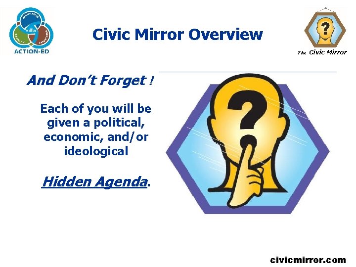 Civic Mirror Overview The Civic Mirror And Don’t Forget ! Each of you will