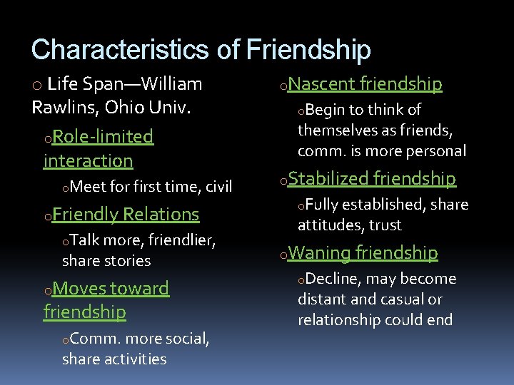 Characteristics of Friendship o Life Span—William Rawlins, Ohio Univ. o. Role-limited interaction o. Meet