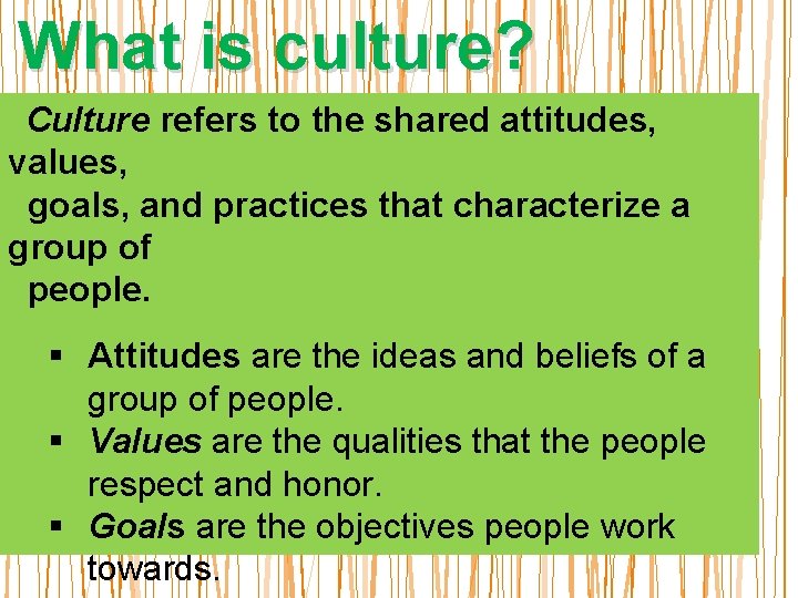 What is culture? Culture refers to the shared attitudes, values, goals, and practices that