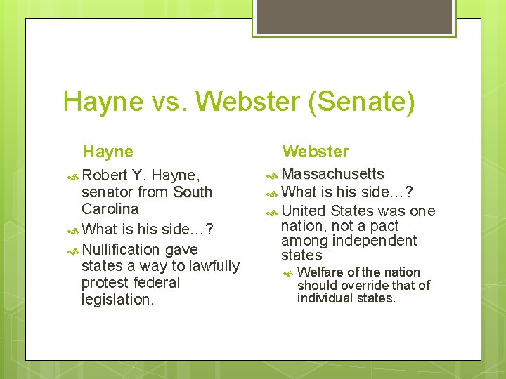 Hayne vs. Webster (Senate) Hayne Robert Y. Hayne, senator from South Carolina What is