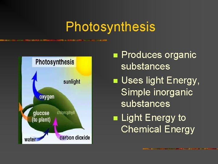 Photosynthesis n n n Produces organic substances Uses light Energy, Simple inorganic substances Light